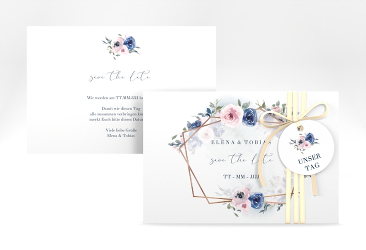 Save the Date-Karte Dustyblue A6 Karte quer weiss rosegold