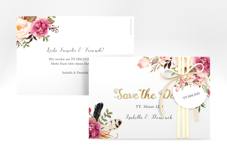 Save the Date-Karte Flowers A6 Karte quer weiss gold mit bunten Aquarell-Blumen