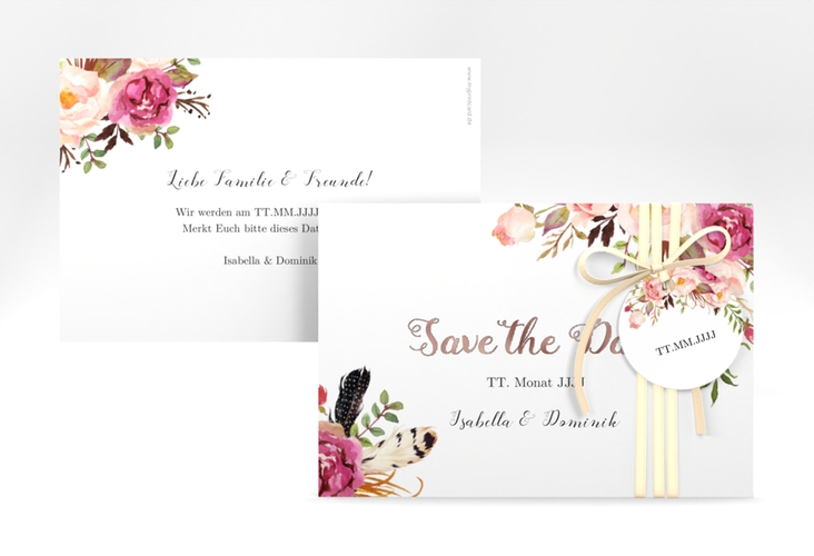 Save the Date-Karte Flowers A6 Karte quer weiss rosegold mit bunten Aquarell-Blumen