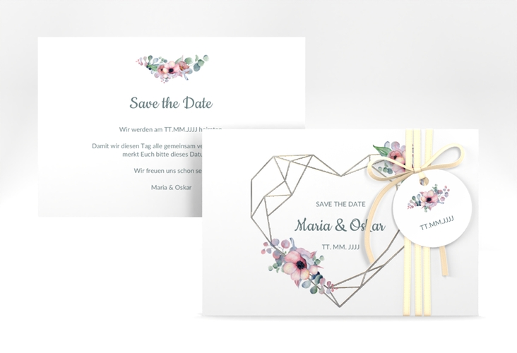 Save the Date-Karte Herzgold A6 Karte quer weiss silber
