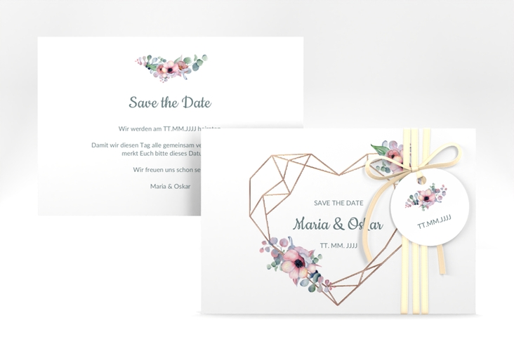 Save the Date-Karte Herzgold A6 Karte quer weiss rosegold
