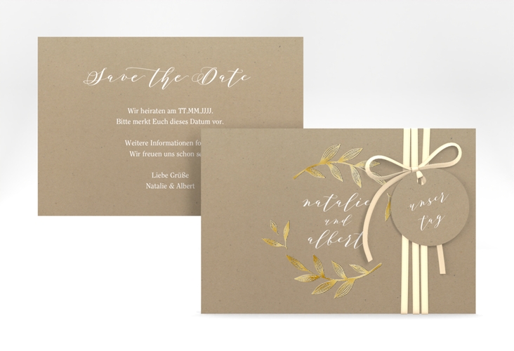 Save the Date-Karte Naturelove A6 Karte quer weiss gold in Kraftpapier-Optik mit Blattzeichnung