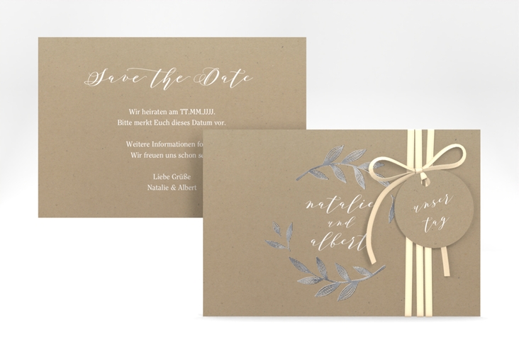 Save the Date-Karte Naturelove A6 Karte quer weiss silber in Kraftpapier-Optik mit Blattzeichnung