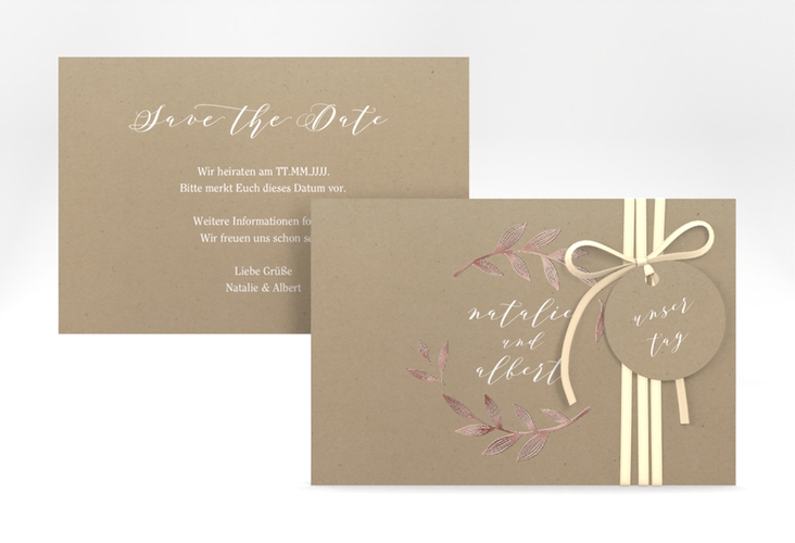 Save the Date-Karte Naturelove A6 Karte quer weiss rosegold in Kraftpapier-Optik mit Blattzeichnung