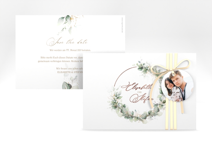 Save the Date-Karte Selvatica A6 Karte quer weiss rosegold mit Eukalyptus-Kranz