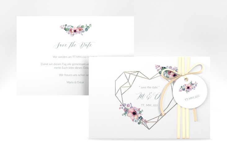Save the Date-Karte Herzgold A6 Karte quer weiss silber