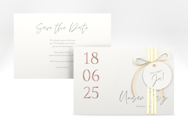 Save the Date-Karte Day A6 Karte quer weiss rosegold mit Datum im minimalistischen Design