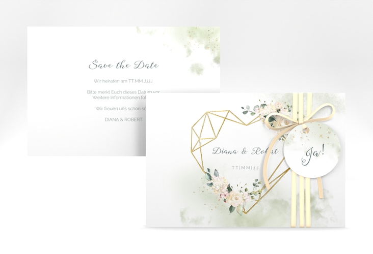 Save the Date-Karte Adore A6 Karte quer gruen gold mit geometrischem Herz und Rosen in Aquarell