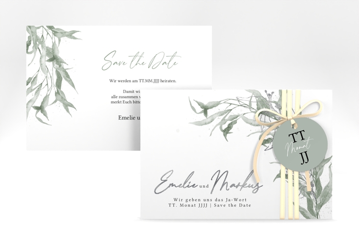 Save the Date-Karte Eucalyptus Green A6 Karte quer weiss silber