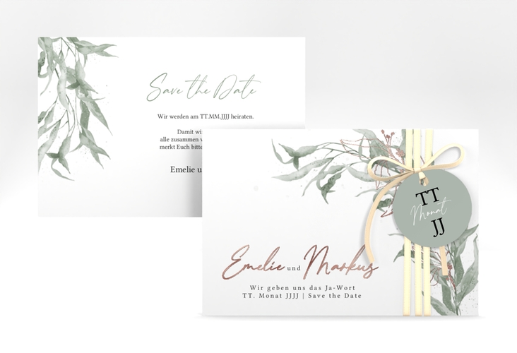 Save the Date-Karte Eucalyptus Green A6 Karte quer weiss rosegold