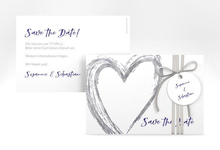 Save the Date-Karte Liebe A6 Karte quer blau silber