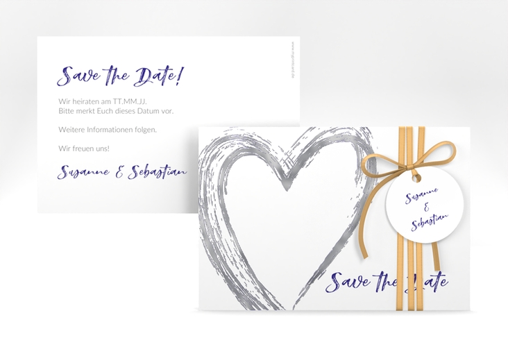Save the Date-Karte Liebe A6 Karte quer blau silber