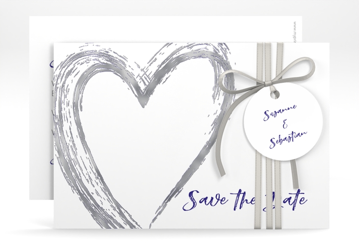 Save the Date-Karte Liebe A6 Karte quer blau silber