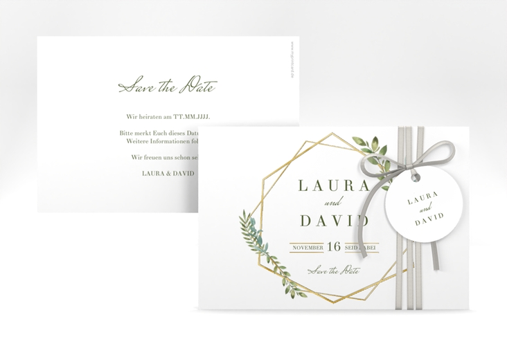 Save the Date-Karte Herbarium A6 Karte quer grau gold mit geometrischem Rahmen und Blätter-Dekor