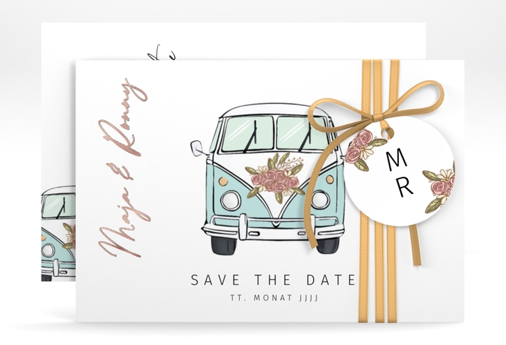 Save the Date-Karte Hochzeitsbulli A6 Karte quer blau rosegold