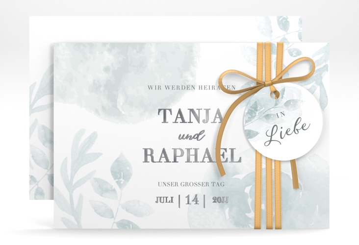 Save the Date-Karte Blätterdruck A6 Karte quer mint silber