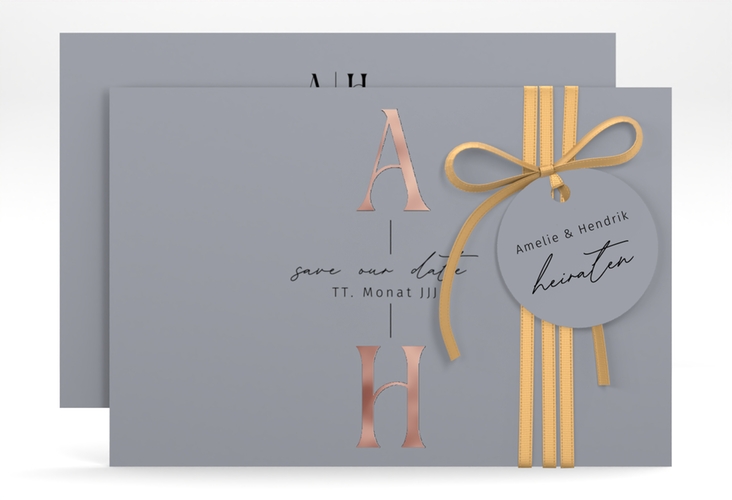 Save the Date-Karte Lebensbund A6 Karte quer blau rosegold mit veredelbaren Initialen