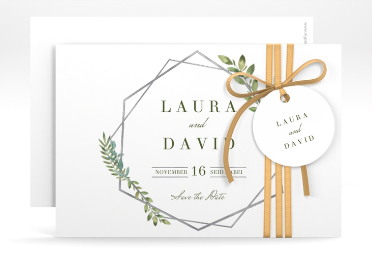 Save the Date-Karte Herbarium A6 Karte quer grau silber mit geometrischem Rahmen und Blätter-Dekor