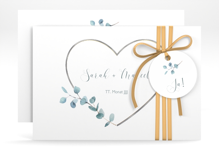Save the Date-Karte Greenheart A6 Karte quer gold silber mit elegantem Herz und Eukalyptus-Zweig