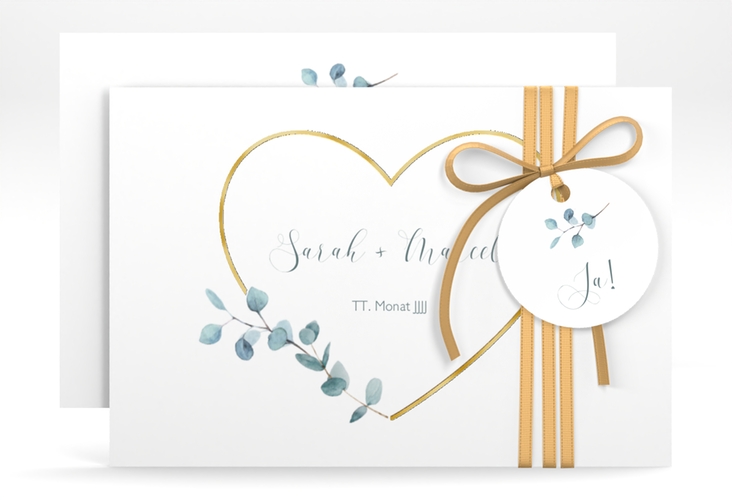Save the Date-Karte Greenheart A6 Karte quer gold gold mit elegantem Herz und Eukalyptus-Zweig