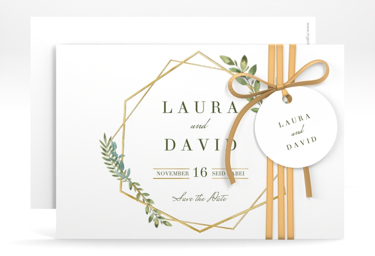 Save the Date-Karte Herbarium A6 Karte quer gold gold mit geometrischem Rahmen und Blätter-Dekor