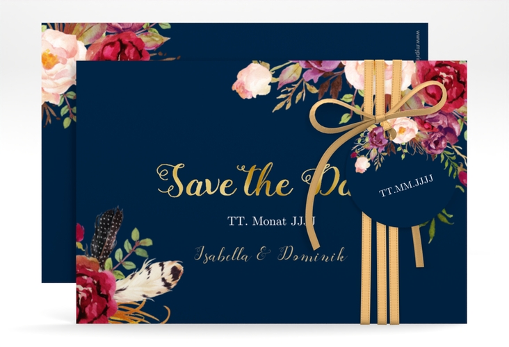 Save the Date-Karte Flowers A6 Karte quer blau gold mit bunten Aquarell-Blumen