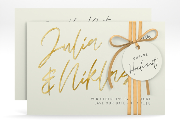 Save the Date-Karte Einfachheit A6 Karte quer mint gold mit modernem Schriftzug
