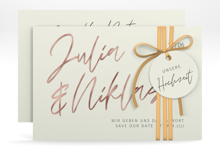 Save the Date-Karte Einfachheit A6 Karte quer mint rosegold mit modernem Schriftzug