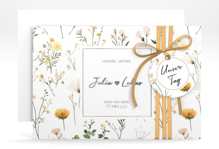 Save the Date-Karte Blumenwiese A6 Karte quer bunt silber
