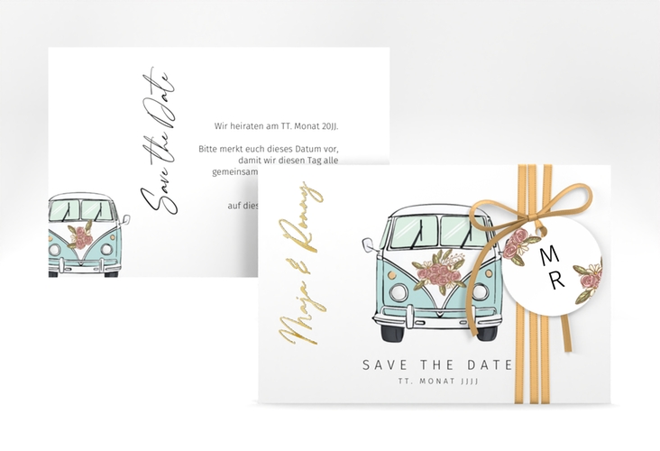 Save the Date-Karte Hochzeitsbulli A6 Karte quer blau gold