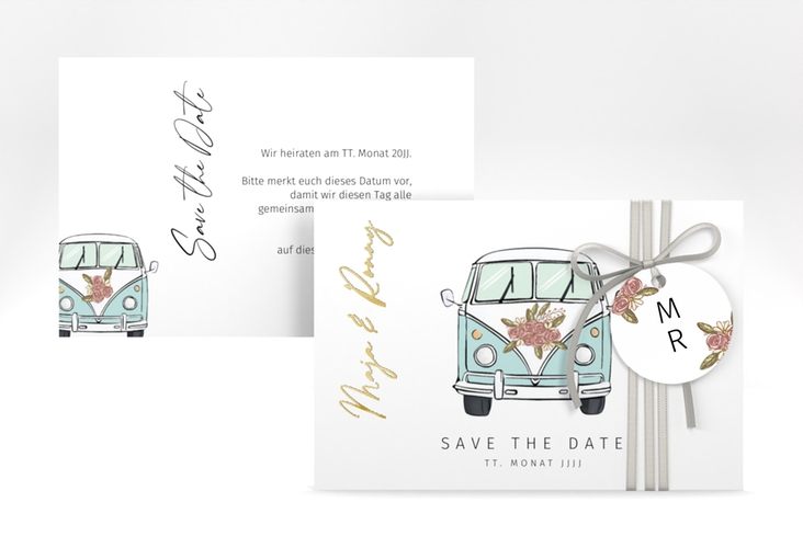 Save the Date-Karte Hochzeitsbulli A6 Karte quer blau gold