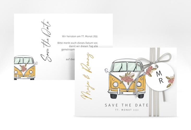 Save the Date-Karte Hochzeitsbulli A6 Karte quer gelb gold