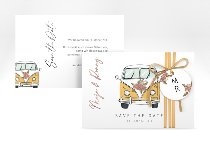 Save the Date-Karte Hochzeitsbulli A6 Karte quer gelb rosegold