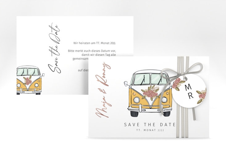 Save the Date-Karte Hochzeitsbulli A6 Karte quer gelb rosegold