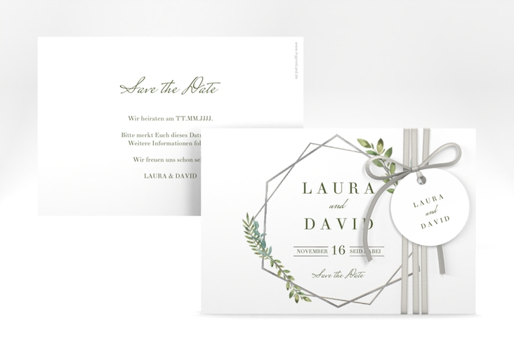 Save the Date-Karte Herbarium A6 Karte quer gold silber mit geometrischem Rahmen und Blätter-Dekor