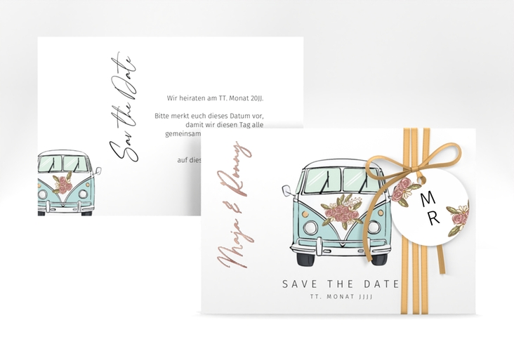 Save the Date-Karte Hochzeitsbulli A6 Karte quer blau rosegold