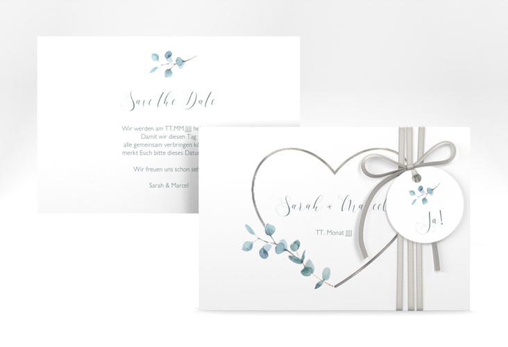 Save the Date-Karte Greenheart A6 Karte quer gold silber mit elegantem Herz und Eukalyptus-Zweig