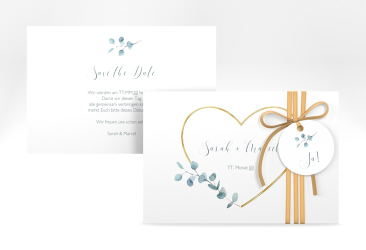 Save the Date-Karte Greenheart A6 Karte quer gold gold mit elegantem Herz und Eukalyptus-Zweig