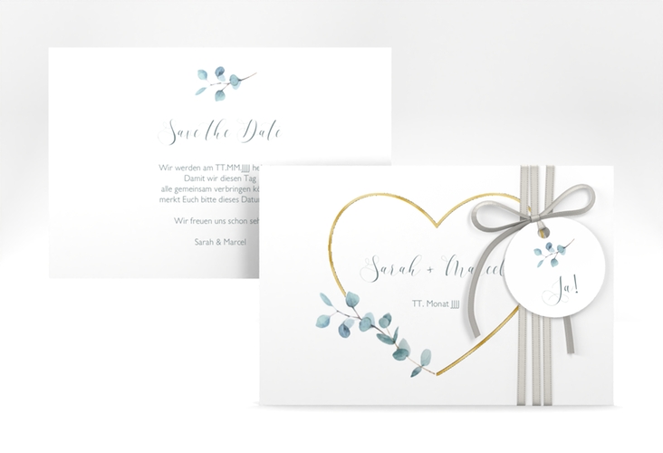 Save the Date-Karte Greenheart A6 Karte quer gold gold mit elegantem Herz und Eukalyptus-Zweig