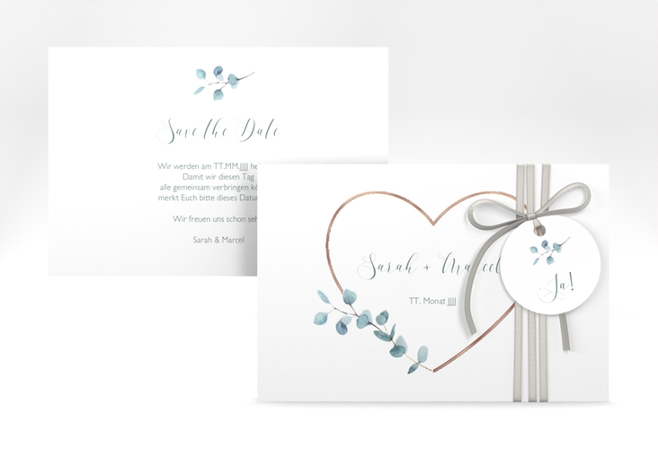 Save the Date-Karte Greenheart A6 Karte quer gold rosegold mit elegantem Herz und Eukalyptus-Zweig