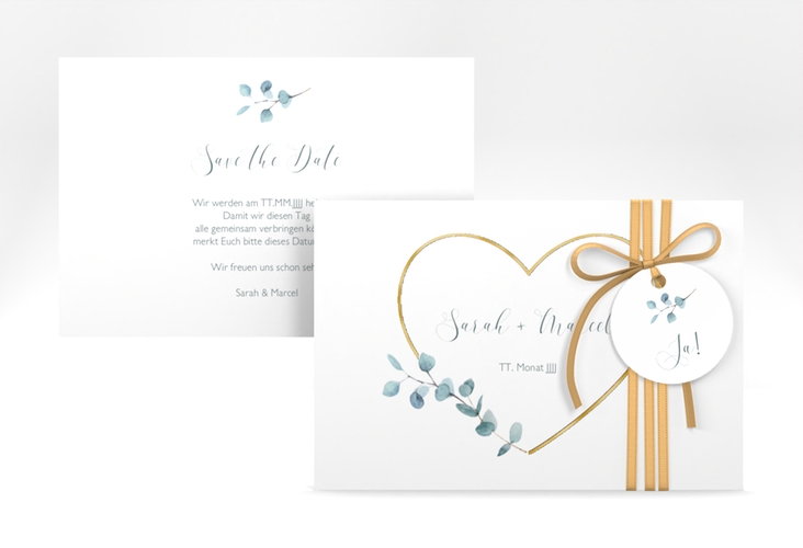 Save the Date-Karte Greenheart A6 Karte quer rosa gold mit elegantem Herz und Eukalyptus-Zweig