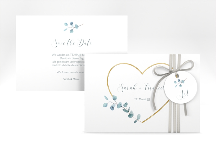 Save the Date-Karte Greenheart A6 Karte quer rosa gold mit elegantem Herz und Eukalyptus-Zweig