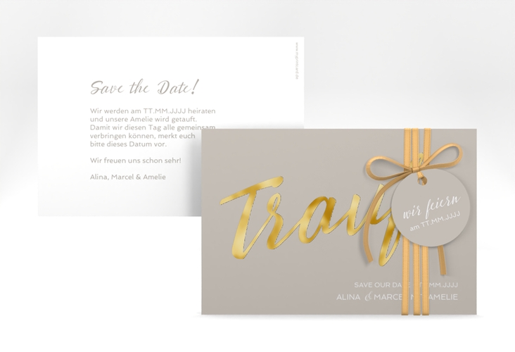 Save the Date-Karte Traufe A6 Karte quer grau gold