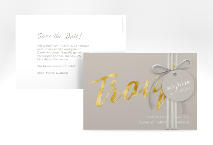 Save the Date-Karte Traufe A6 Karte quer grau gold