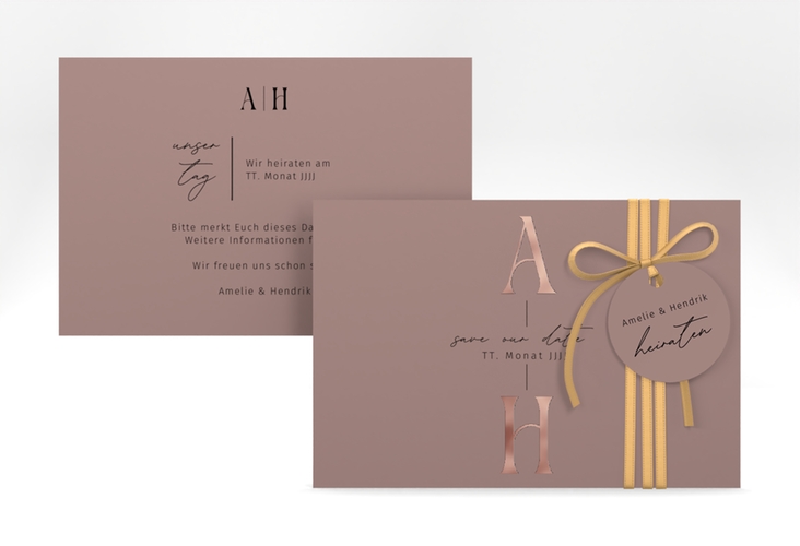 Save the Date-Karte Lebensbund A6 Karte quer rosa rosegold mit veredelbaren Initialen