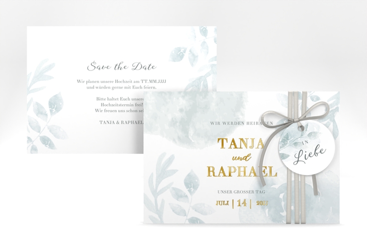 Save the Date-Karte Blätterdruck A6 Karte quer mint gold