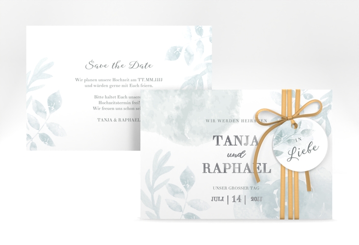 Save the Date-Karte Blätterdruck A6 Karte quer mint silber
