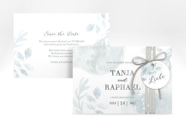 Save the Date-Karte Blätterdruck A6 Karte quer mint silber