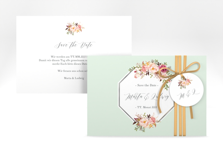 Save the Date-Karte Prachtvoll A6 Karte quer mint silber