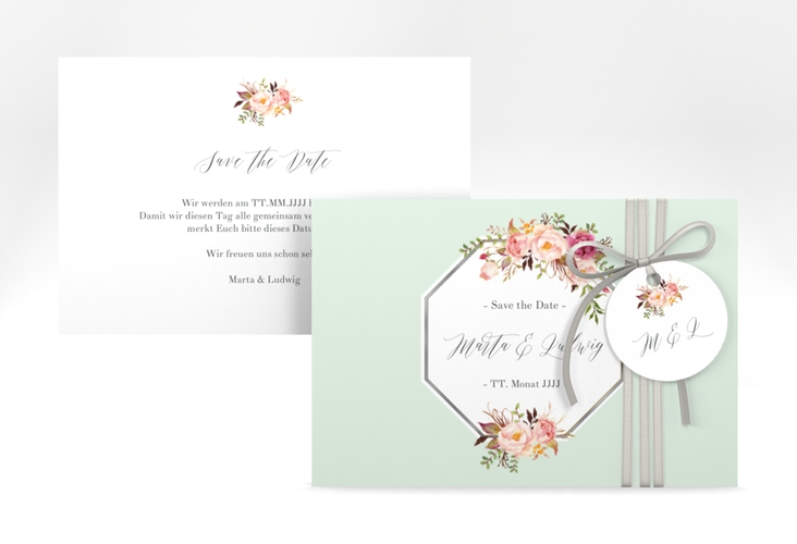 Save the Date-Karte Prachtvoll A6 Karte quer mint silber
